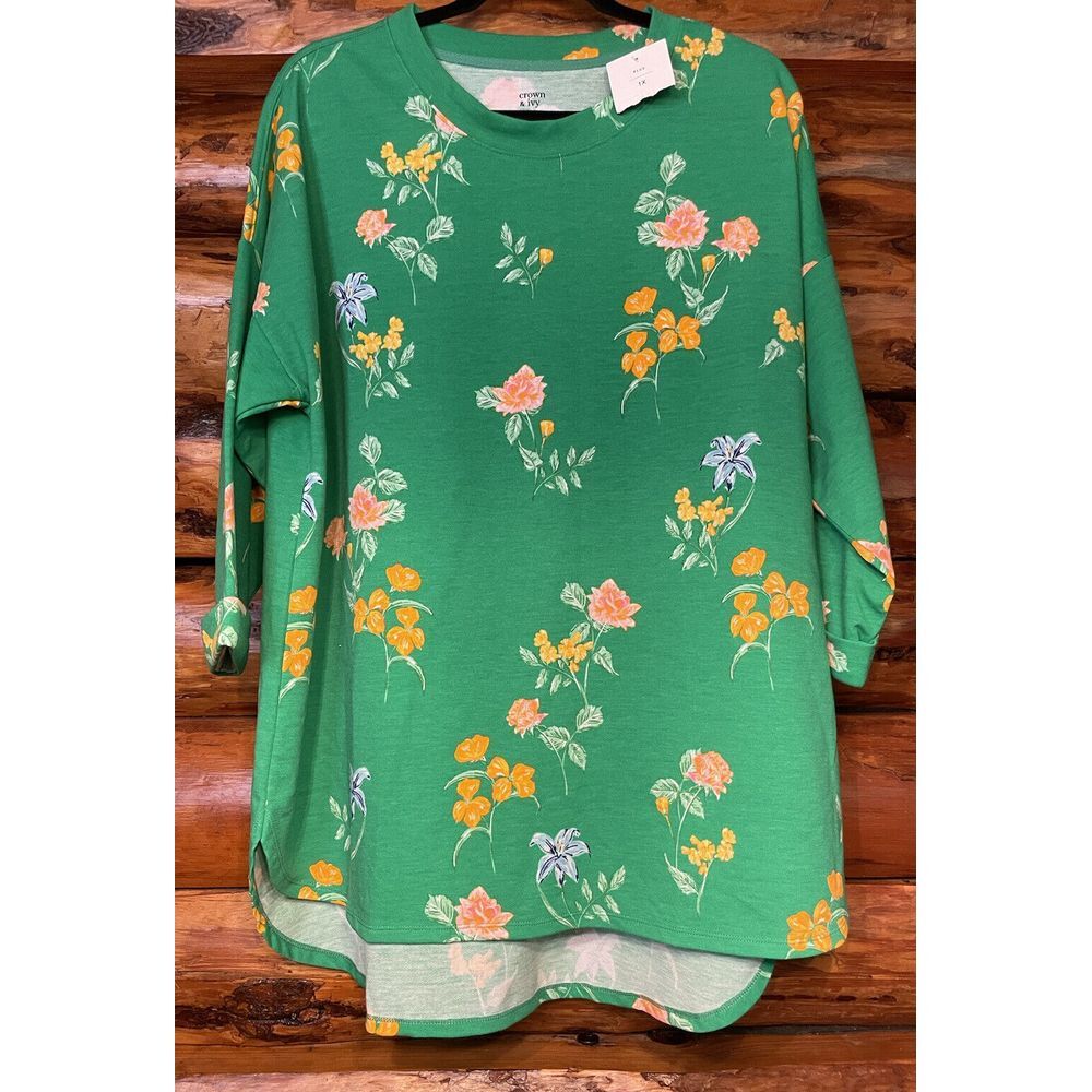 Crown & Ivy Floral Green Tunic Ladies Size 1X